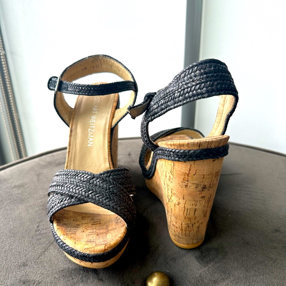 Stuart Weitzman Black Leather Cork Wedges Size 7